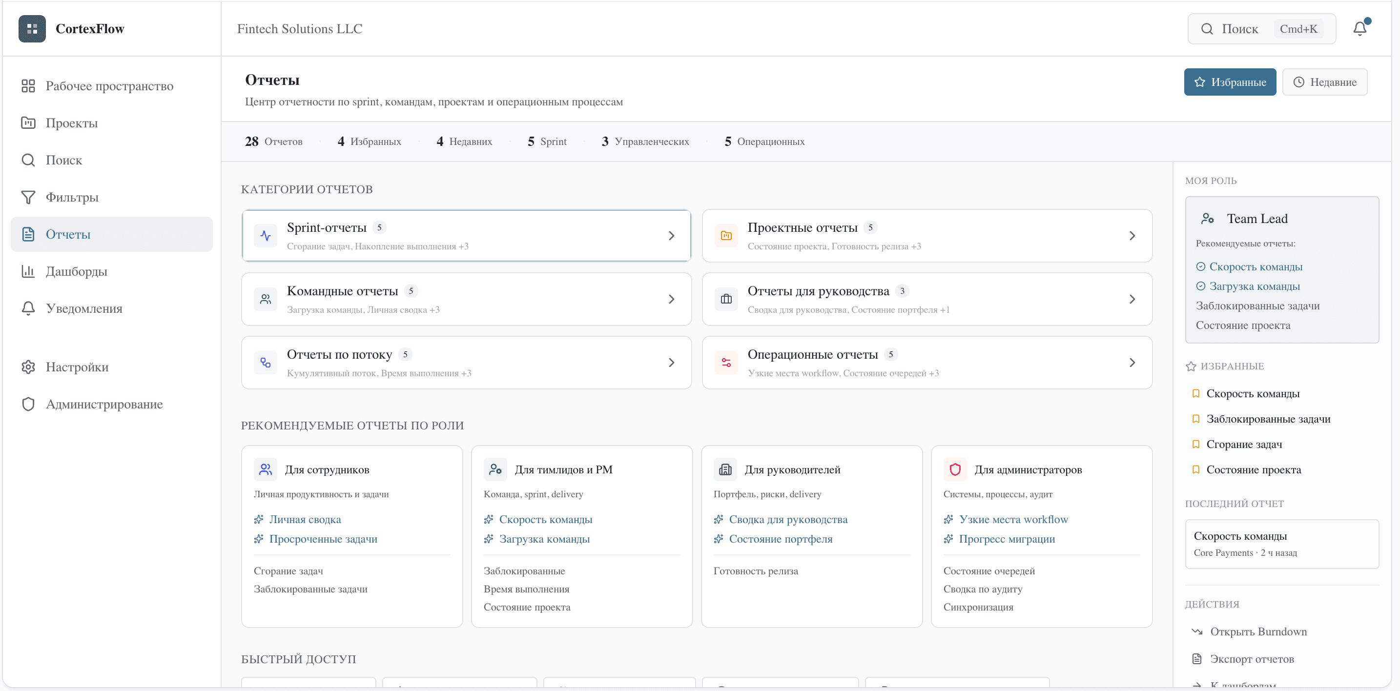 CortexFlow — Центр отчетности: категории Sprint, Командные, Проектные, Для руководства, Операционные отчеты
