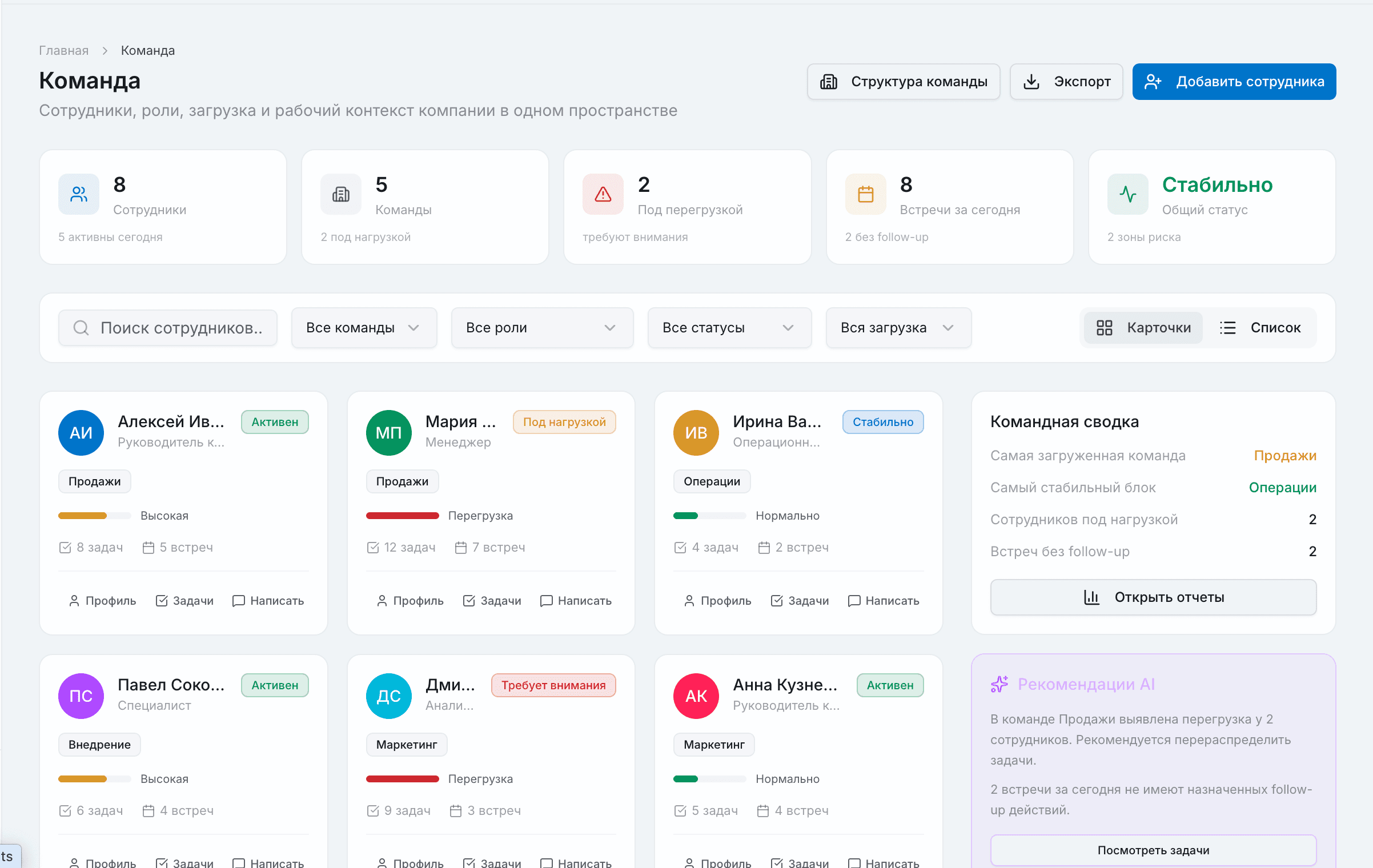 Cortex AI - Команда: сотрудники, загрузка, AI-рекомендации